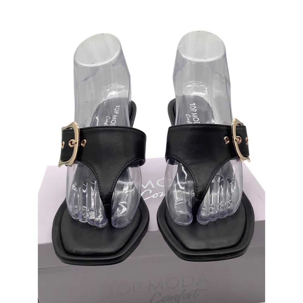 Top Moda Selena-28 Womens Black Buckle Thong Kitten Heel Sandals Square Size 7